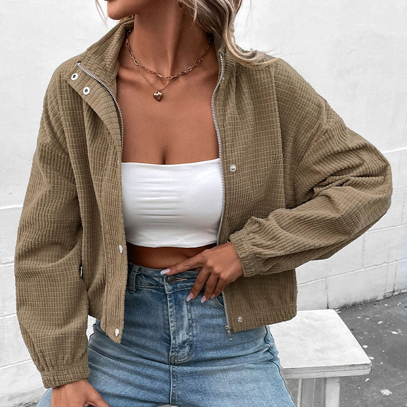 Damen Kurz geschnittene Waffelstruktur-Jacke mit Stehkragen und Reißverschluss Shop Nory