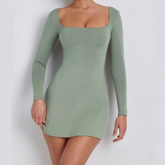 Damen elegantes Minikleid mit weitem U-Ausschnitt und langen Ärmeln Shopnory