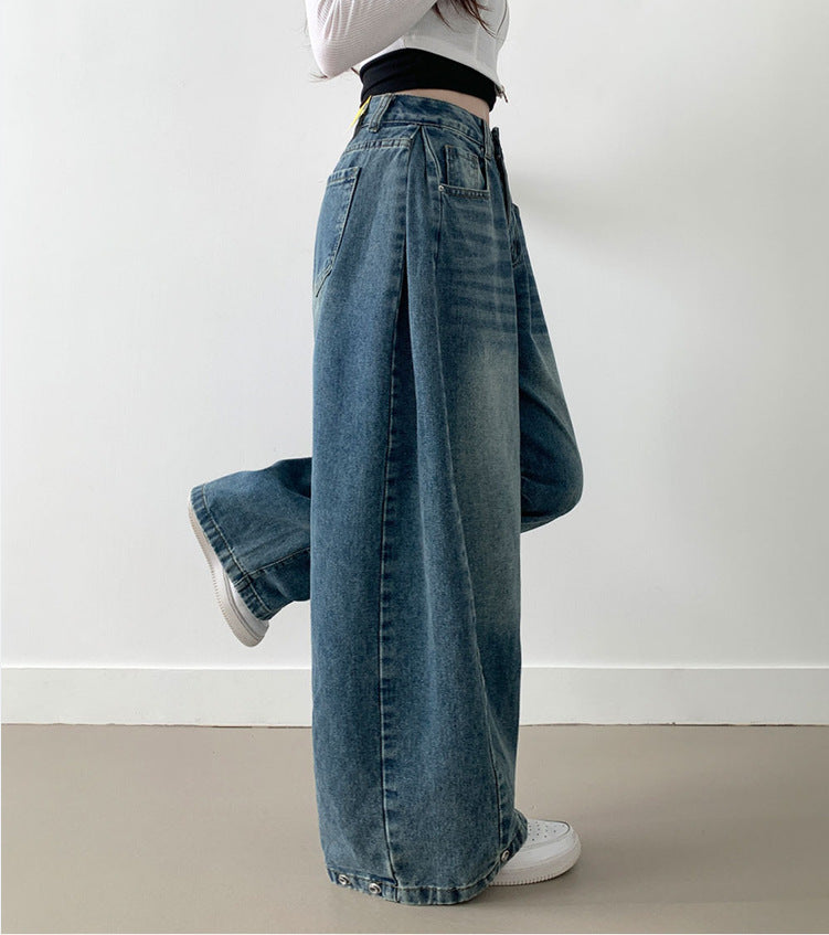 Damen Weite High-Waist Denim-Hose mit Faltenwurf