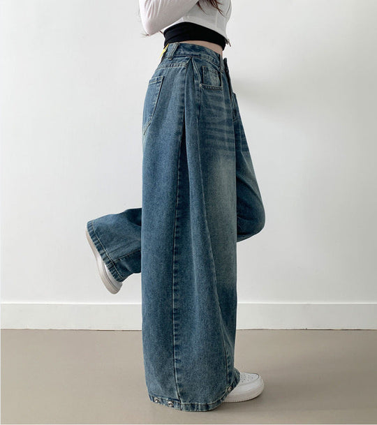 Damen Weite High-Waist Denim-Hose mit Faltenwurf