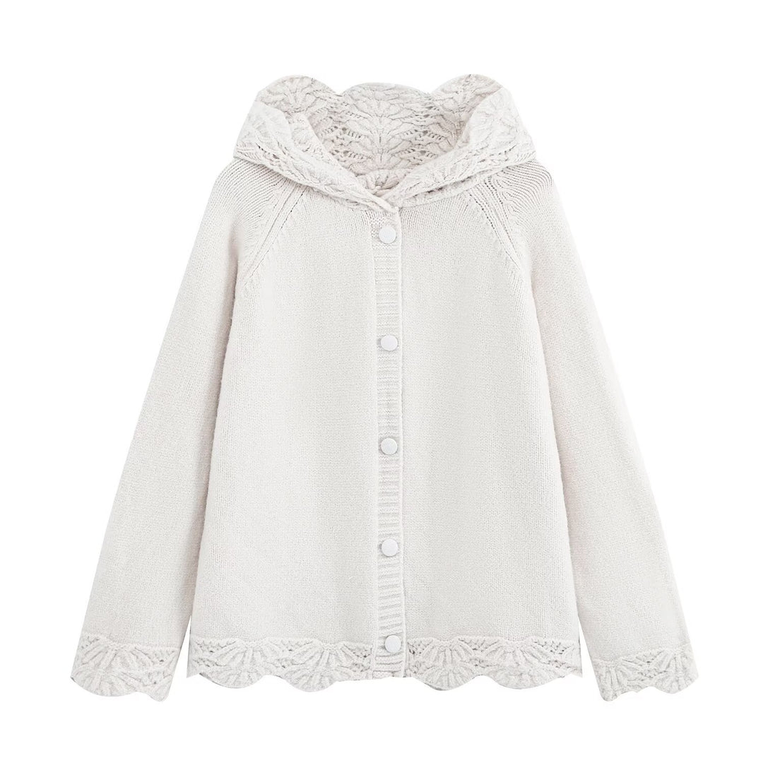 Damen Feinstrick-Cardigan mit Kapuze, Knopfleiste und gehäkelter Borte Shop Nory