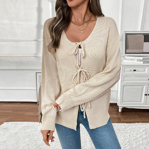 Damen Lässiger Strickpullover mit dreifacher Schnürfront, Rundhalsausschnitt und Oversize-Silhouette Shop Nory