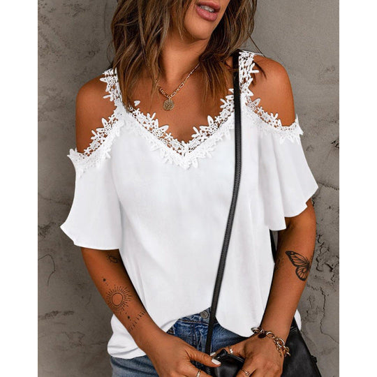 Damen Cold-Shoulder Spitzenbesatz Oberteil