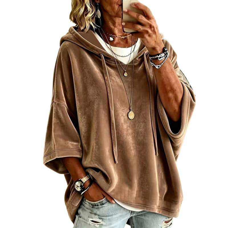 Damen Luxuriöser Samt-Hoodie mit Kimono-Kurzärmeln und Tunnelzug Shop Nory