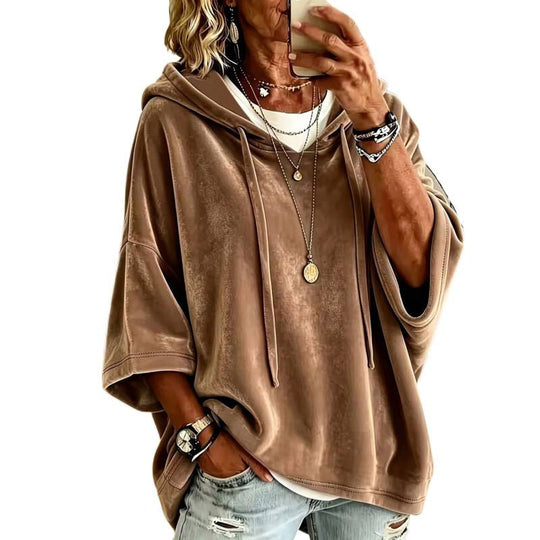 Damen Luxuriöser Samt-Hoodie mit Kimono-Kurzärmeln und Tunnelzug Shop Nory