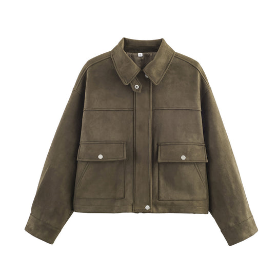 Damen Kurz geschnittene Wildlederoptik-Utility-Jacke mit aufgesetzten Klappentaschen Shop Nory
