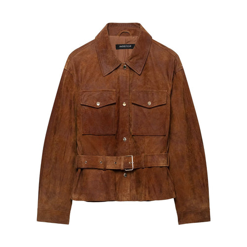 Damen Kurzjacke im Safari‑Stil aus Veloursleder mit Taillengürtel und aufgesetzten Brusttaschen Shop Nory