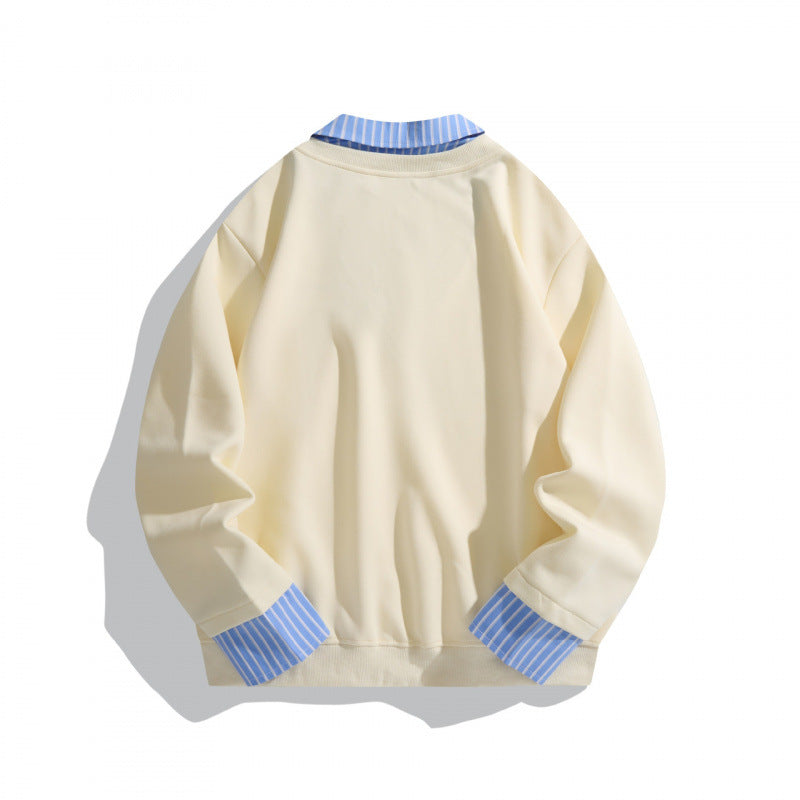 Unisex Lagenlook Sweatshirt mit V-Ausschnitt, integriertem Hemdkragen und gestreiften Manschetten Shop Nory