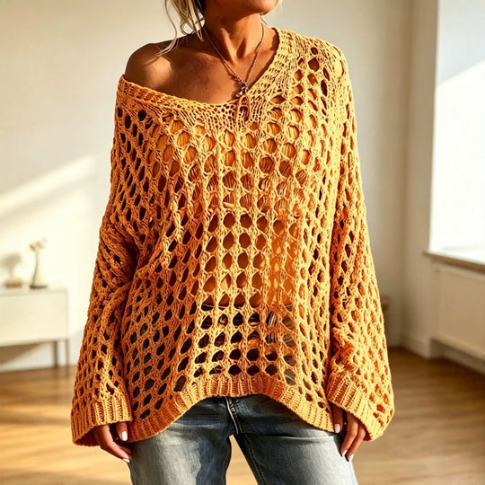 Damen Lockerer gehäkelter Oversize-Ajour-Pullover mit V-Ausschnitt Shop Nory
