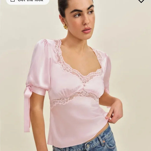 Damen Satinbluse mit Spitzenakzenten Shopnory