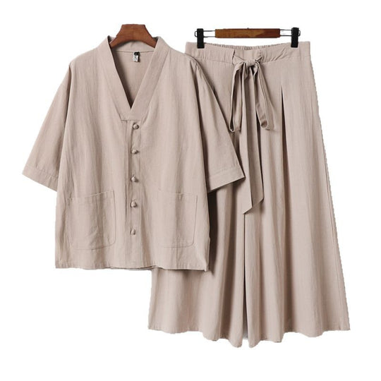 Damen Zweiteiliges Kimono-Lounge-Set mit Kurzarm-Knopfjacke, aufgesetzten Taschen und weiten Palazzo-Hosen Shop Nory