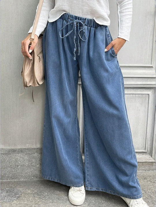 Damen Relaxte Palazzohose aus Denim mit Tunnelzugbund, Eingrifftaschen und extra weitem Bein Shop Nory