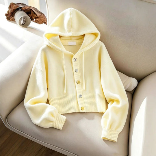 Damen Kapuzen-Strickcardigan mit Knopfleiste, geripptem Bund und Oversize-Ärmeln Shop Nory