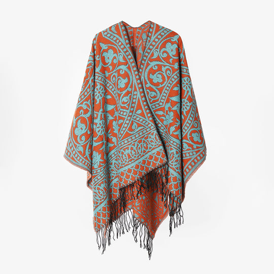Damen Grobgewebter Rechteck‑Poncho mit orientalischem Medaillon‑Jacquard und dekorativem Fransensaum Shop Nory