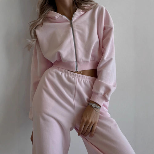 Damen kurzes Zip-Hoodie-Lounge-Set mit taillenhoher Relax-Sweathose Shop Nory