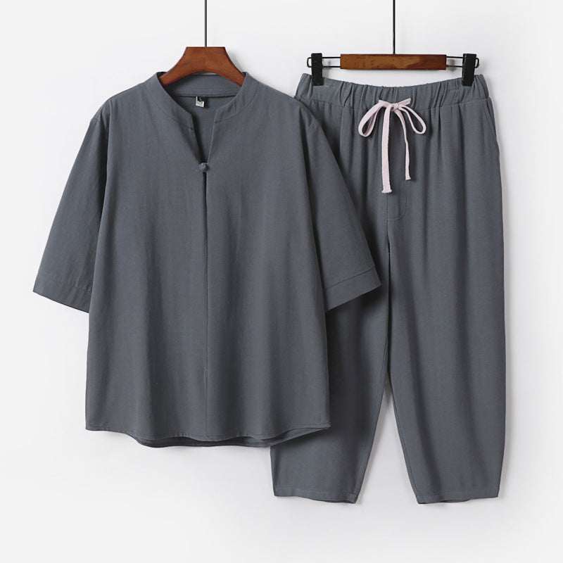 Damen Leichtes Leinen-Baumwoll-Loungewear-Set mit Stehkragen, Dreiviertelärmeln und Gummizugbundhose Shop Nory