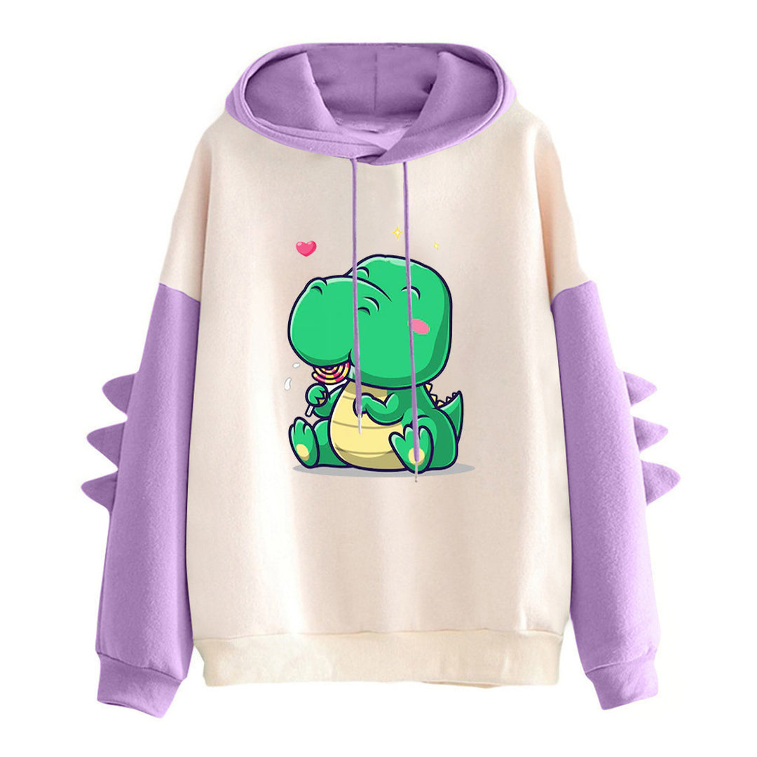 Damen nan Kapuzenpullover mit niedlichem Dinosaurierprint, kuscheligem Innenfutter und dreidimensionalen Ärmeldetails Shop Nory