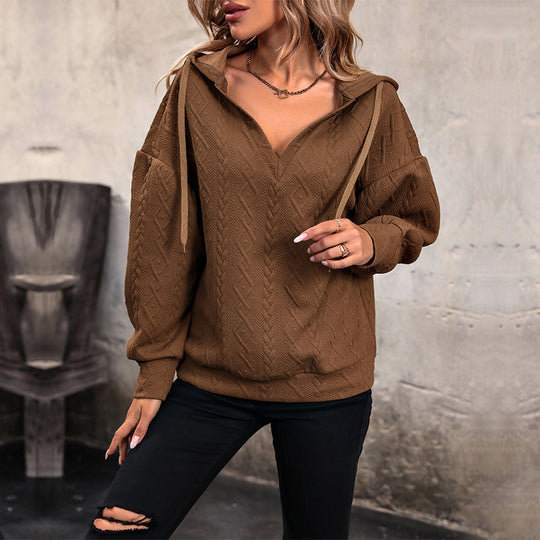 Damen Gemütlicher Strickpullover mit V-Ausschnitt und Kapuze Shop Nory