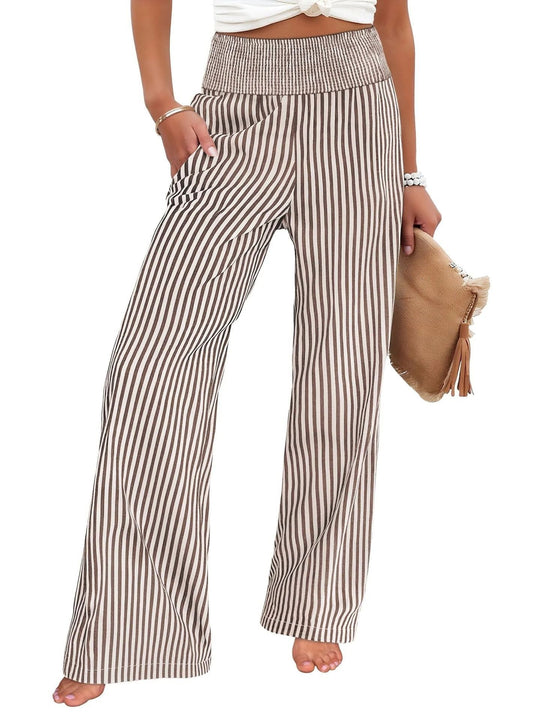 Damen Gestreifte Palazzo-Hose mit hohem, gerafftem Bund und weitem Bein Shop Nory