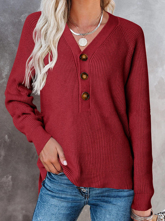 Damen Gerippter Strickpullover mit V‑Ausschnitt, Zierknopfleiste und Ballonärmeln Shop Nory