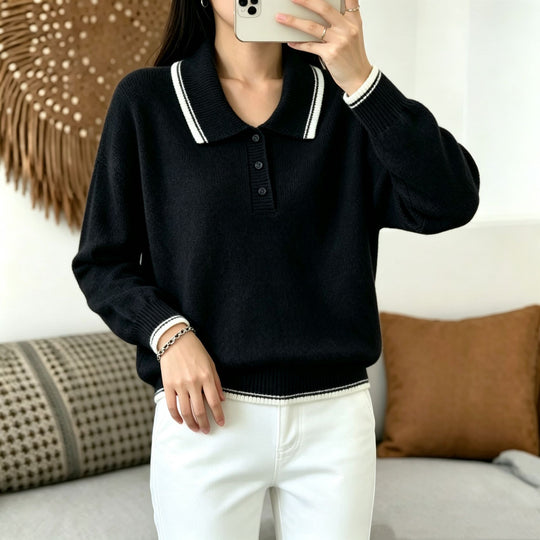 Damen Polokragen‑Strickpullover mit Knopfleiste und gerippten Bündchen Shop Nory