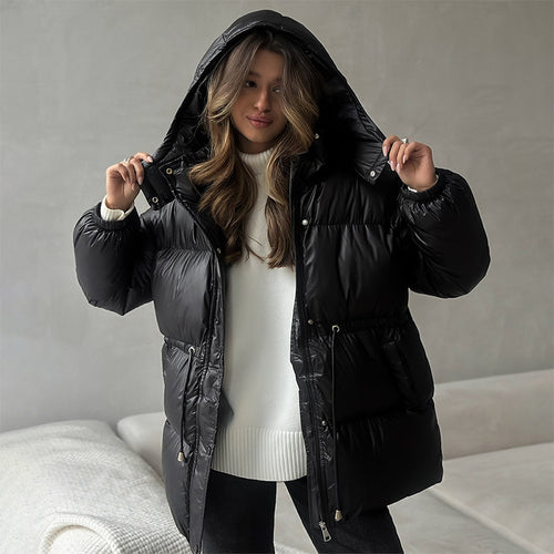 Damen Langer wattierter Parka mit Kapuze, Taillenzug und Oversize-Silhouette Shop Nory