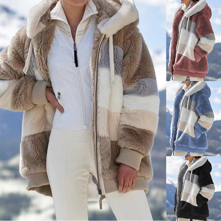 Damen nan oversized Kapuzenjacke aus Kunstfell mit Colourblock-Design, Zweiwege-Reißverschluss und Rippbündchen Shop Nory