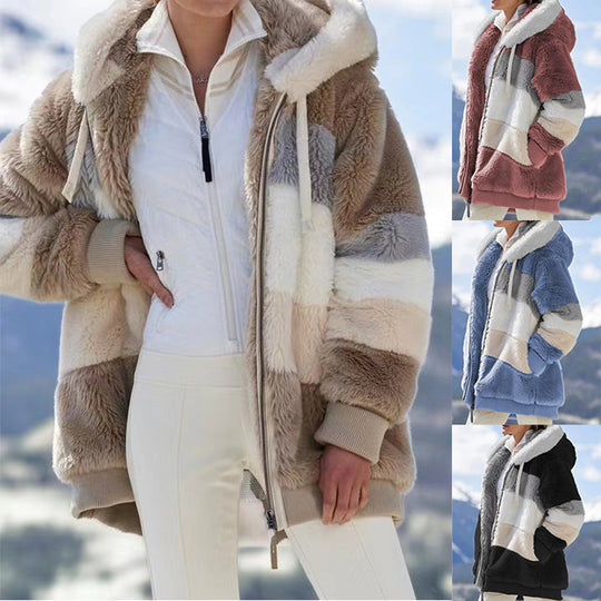 Damen nan oversized Kapuzenjacke aus Kunstfell mit Colourblock-Design, Zweiwege-Reißverschluss und Rippbündchen Shop Nory