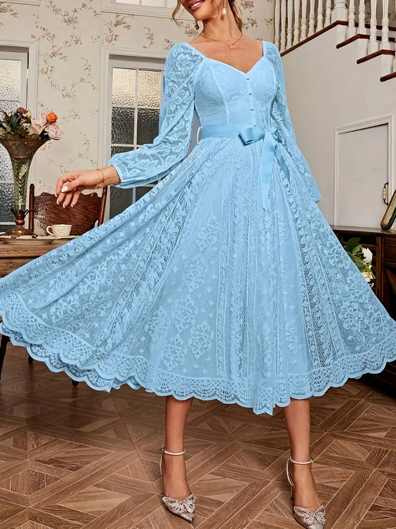 Damen Elegantes Spitze Midi-Kleid mit puffärmel und Taillenbindung