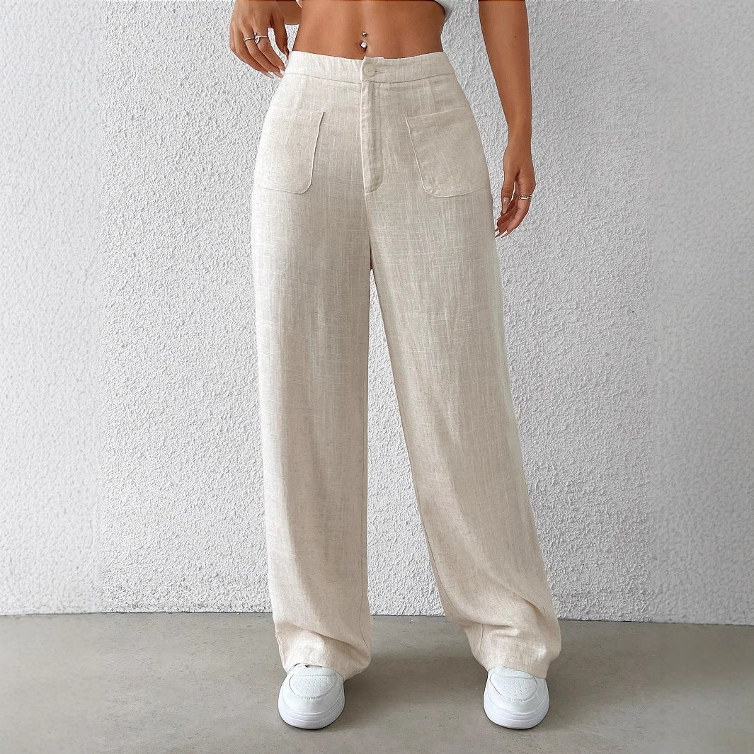 Damen Hochtaillierte Leinenlook Palazzo-Hose mit aufgesetzten Taschen Shop Nory