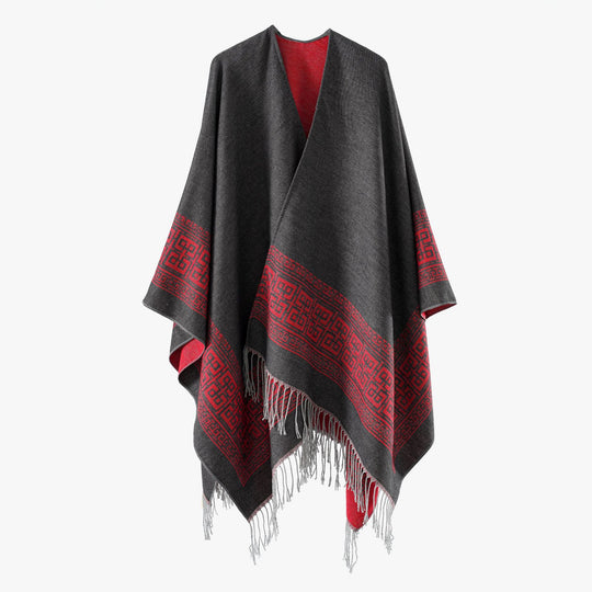 Damen Reversibler Wollmix‑Überwurf im Kimono‑Fall mit ornamentaler Bordüre und Zierfransen Shop Nory