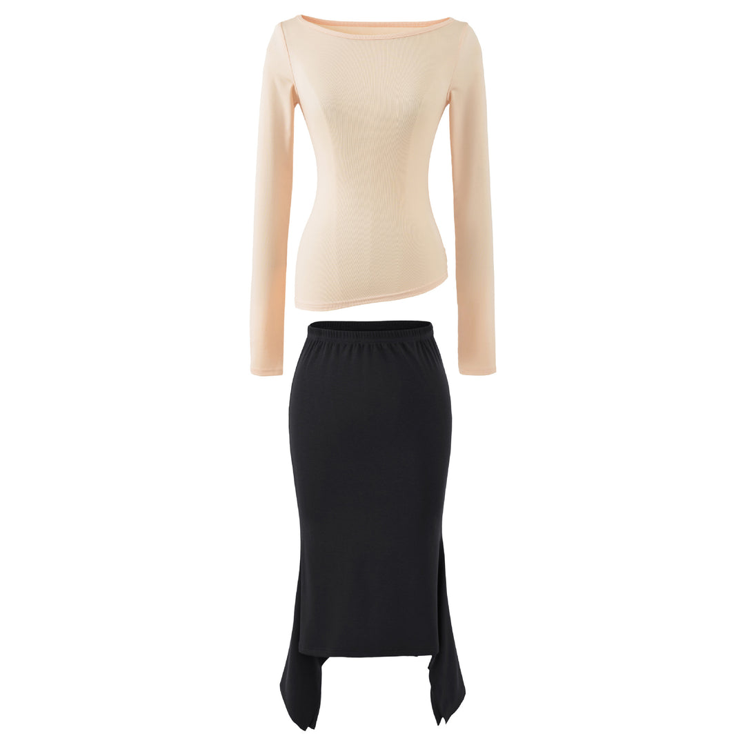 Damen Zweiteiliges Set aus figurbetontem Langarm-Top und Maxirock mit Schlitz Shop Nory