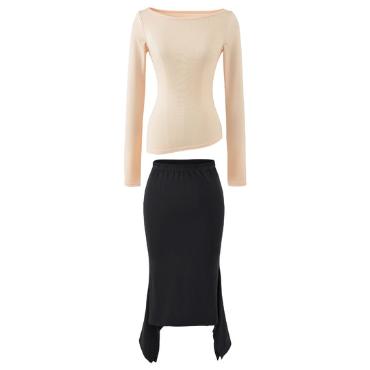Damen Zweiteiliges Set aus figurbetontem Langarm-Top und Maxirock mit Schlitz Shop Nory
