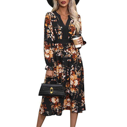 Damen Midikleid mit tailliertem Bund, V‑Ausschnitt, langen Ärmeln und floralem Allover‑Print Shop Nory