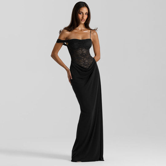 Damen Elegantes Abendkleid mit Spitzenoberteil und fließendem Rockteil Shopnory