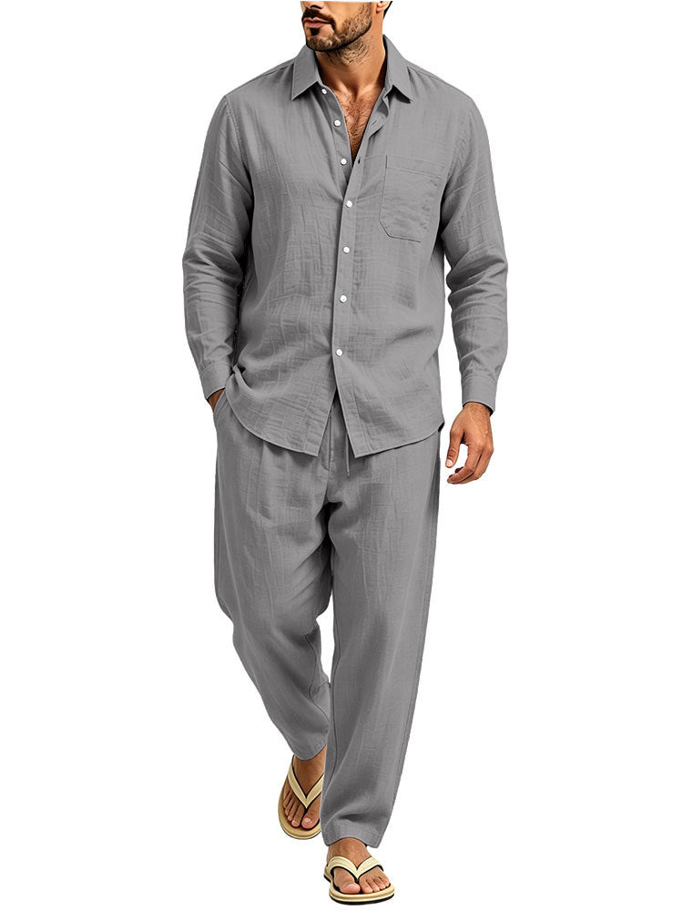 Herren Lässiges Zweiteiliges Freizeitset in Leinenoptik mit Knopfhemd und weiter Bundhose Shop Nory