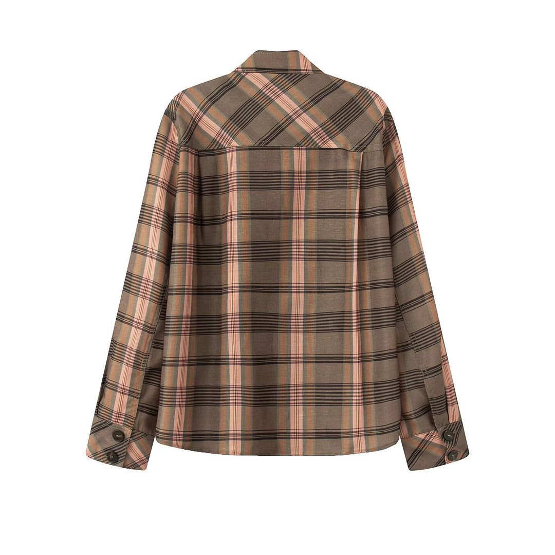 Damen Asymmetrische Cape-Bluse im Karo-Muster mit Stehkragen und Knopfverschluss Shop Nory