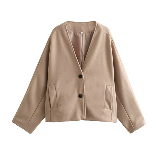 Damen Kurzjacke im Boxy‑Cut mit V‑Ausschnitt und Wollmix Shop Nory