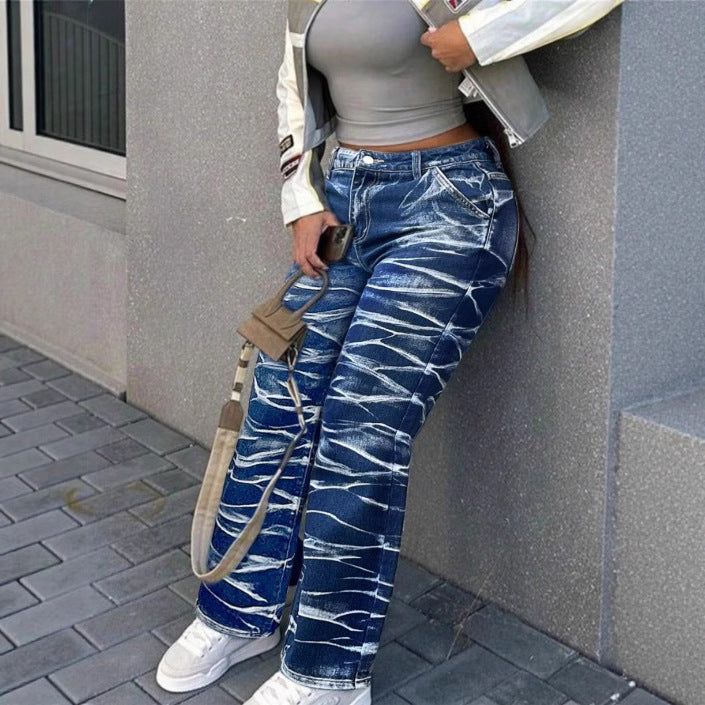 Damen High-Waist Straight-Jeans mit bleached Wave-Muster und Relaxed-Passform Shop Nory