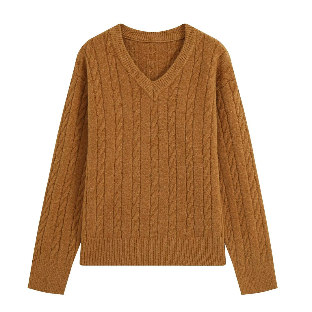 Damen Oversize Zopfmuster-Pullover mit V-Ausschnitt und breitem Rippbündchen Shop Nory