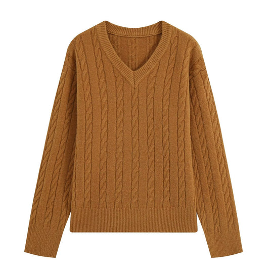 Damen Oversize Zopfmuster-Pullover mit V-Ausschnitt und breitem Rippbündchen Shop Nory