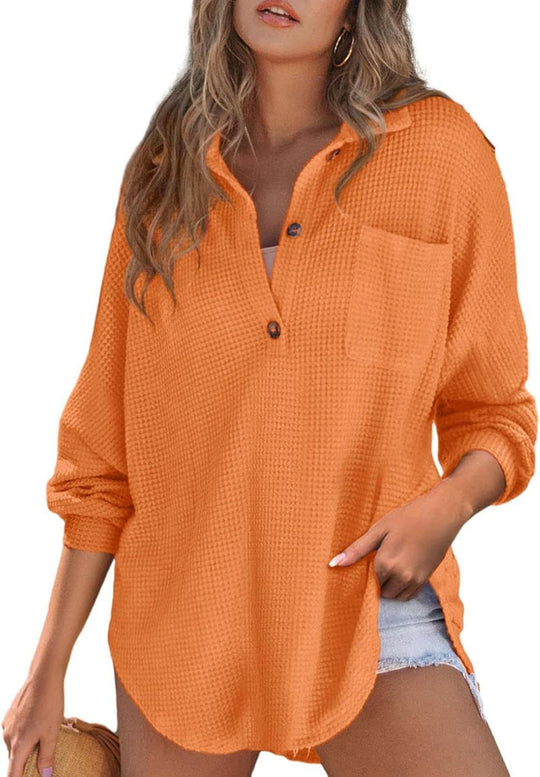 Damen Oversize Waffel-Strick Hemdtunika mit Brusttasche und Holzknöpfen Shop Nory