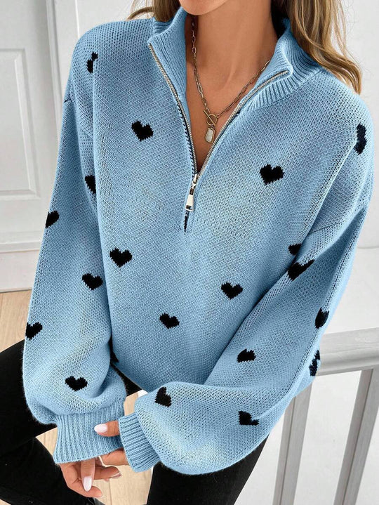 Damen Oversize Strickpullover mit Half-Zip und Herzmotiv Shop Nory