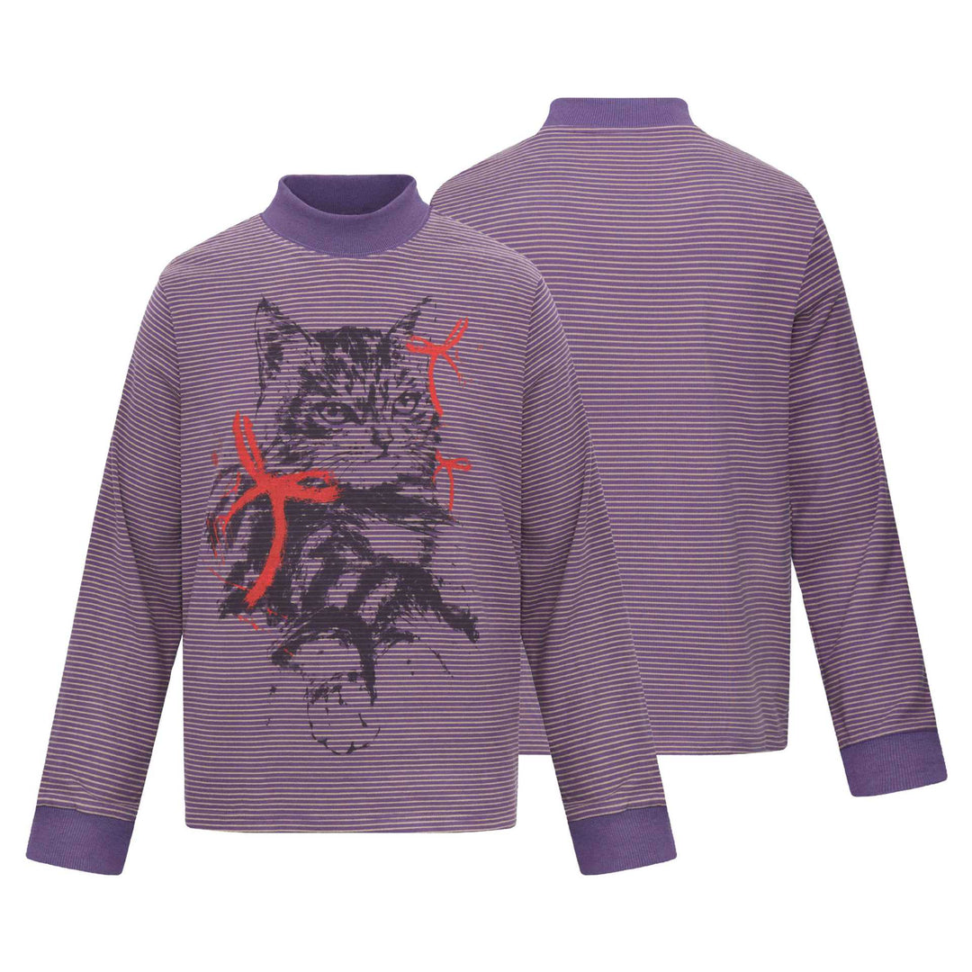 Unisex Gestreiftes Longsleeve mit Stehkragen, Oversize-Schnitt und Katzenprint Shop Nory