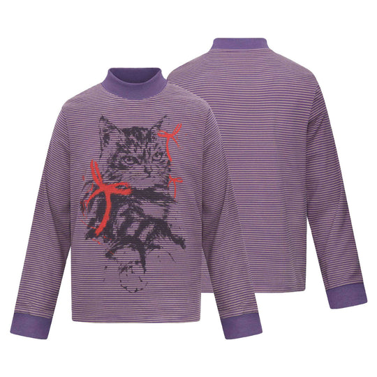 Unisex Gestreiftes Longsleeve mit Stehkragen, Oversize-Schnitt und Katzenprint Shop Nory