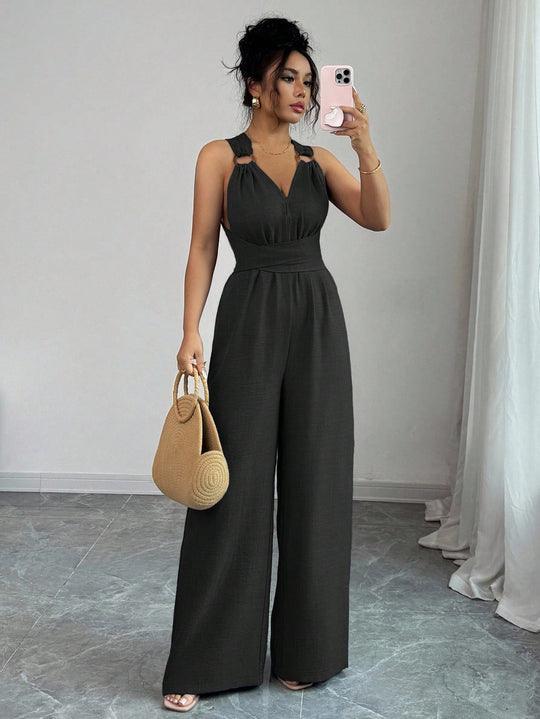 Damen Jumpsuit mit weitem Bein, tailliertem Wickelband und Ösen-Trägern Shop Nory