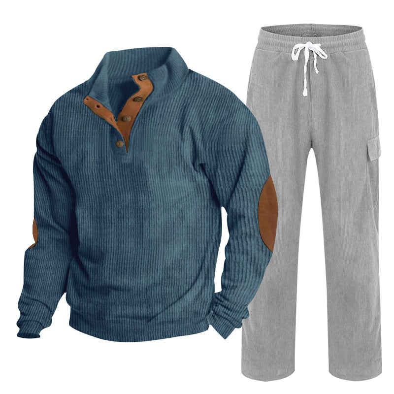 Herren Gemütliches Freizeit-Set aus Waffelstrick-Henley mit Ellenbogenpatch und Relax-Cargo-Hose Shop Nory