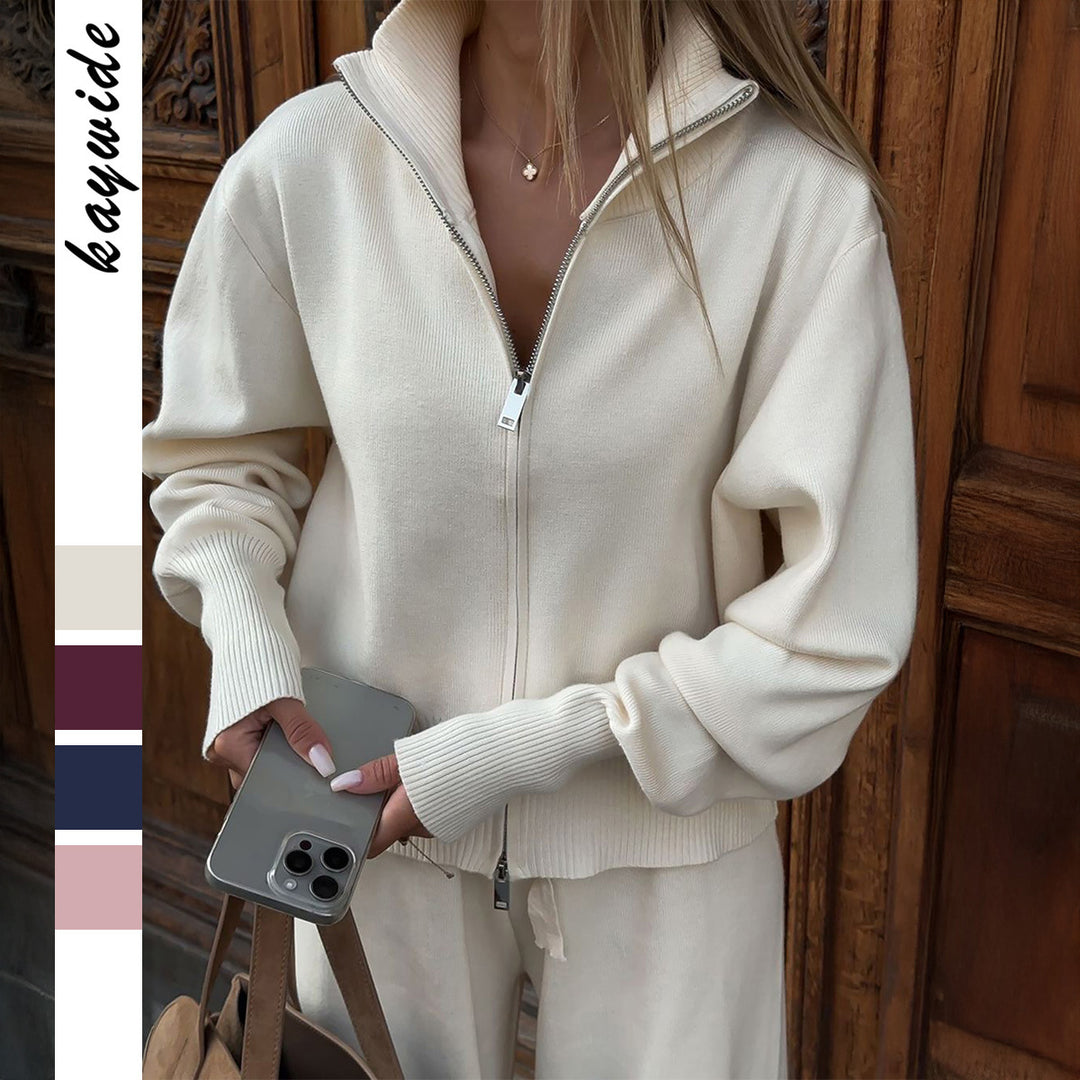 Damen nan Strick-Loungewear-Set mit halbhohem Kragen, Reißverschluss und weitem Highwaist-Hose Shop Nory