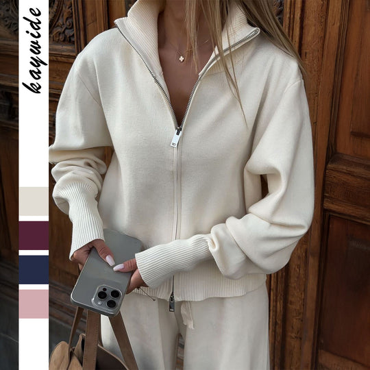 Damen nan Strick-Loungewear-Set mit halbhohem Kragen, Reißverschluss und weitem Highwaist-Hose Shop Nory