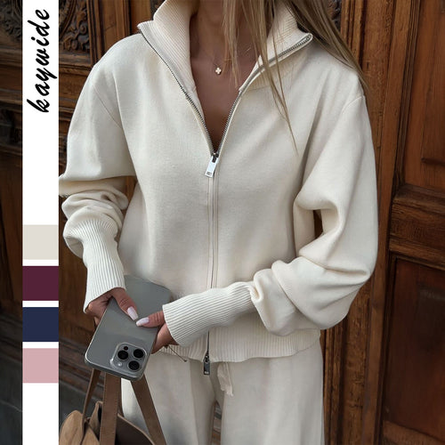 Damen nan Strick-Loungewear-Set mit halbhohem Kragen, Reißverschluss und weitem Highwaist-Hose Shop Nory